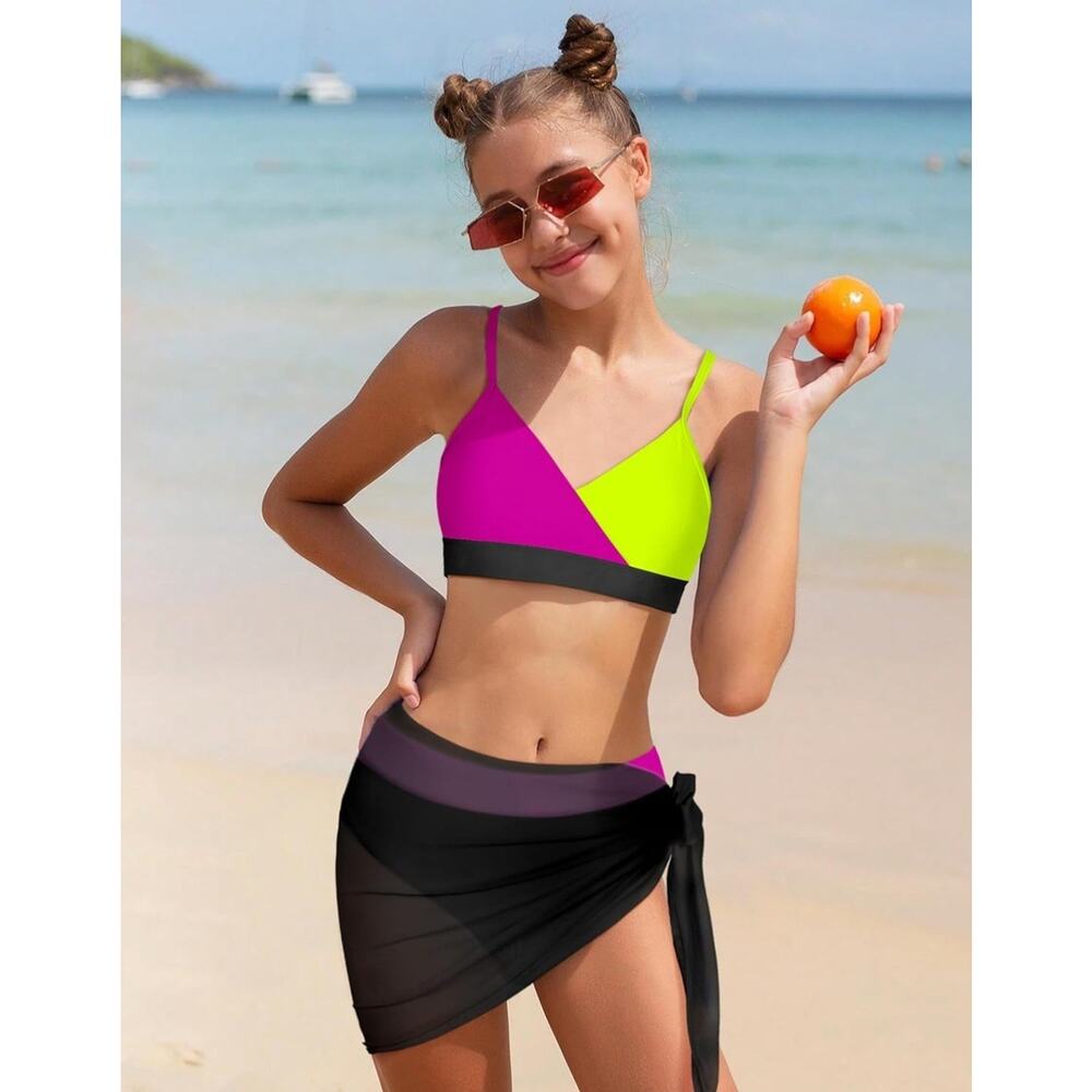 Girls Swimsuit V Neck Bikini Set Color Block with Cover Up 3Pcs 13-14 Years